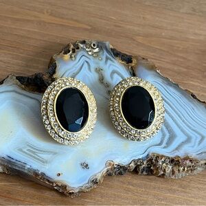 Vintage style black and gold oval clip-on earrings gold-tone with rhinestone